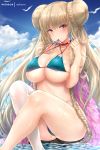  1girl ass azur_lane bangs beach bikini blue_bikini blue_sky blush braid braided_bun breasts choker cleavage double_bun feather_boa formidable_(azur_lane) formidable_(the_lady_of_the_beach)_(azur_lane) knees_up large_breasts long_hair looking_at_viewer mouth_hold multi-strapped_bikini platinum_blonde_hair red_eyes rei_kun sitting sky solo strap_pull swimsuit thighs very_long_hair water wet 