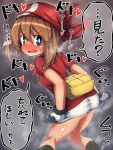  1girl ass bandana black_legwear blue_eyes blush brown_hair commentary_request fanny_pack from_behind gloves haruka_(pokemon) highres kneehighs kneepits looking_back moyachii no_pants open_mouth panties panty_peek pokemon pokemon_(game) pokemon_oras pokemon_rse red_shirt shirt shirt_tug short short_hair smile solo sweat thighs translation_request underwear white_gloves white_panties 