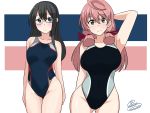  2girls absurdres akashi_(kantai_collection) alternate_costume armpits black_hair black_swimsuit blue_eyes blue_hairband blush breasts competition_swimsuit cowboy_shot eyebrows_visible_through_hair glasses green_eyes hair_between_eyes hair_ribbon hairband hand_behind_head highres kantai_collection large_breasts long_hair looking_at_viewer multiple_girls noruren one-piece_swimsuit ooyodo_(kantai_collection) pink_hair red_ribbon ribbon signature small_breasts smile swimsuit tress_ribbon 