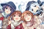  4girls akatsuki_(kantai_collection) beige_cardigan black_legwear blue_eyes brown_cardigan brown_eyes brown_hair cardigan closed_eyes commentary_request fang folded_ponytail hair_between_eyes hibiki_(kantai_collection) highres hizuki_yayoi ikazuchi_(kantai_collection) inazuma_(kantai_collection) kantai_collection long_hair looking_at_viewer lying multiple_girls plaid plaid_scarf purple_eyes purple_hair red_neckwear red_sweater scarf school_uniform serafuku short_hair silver_hair skin_fang smile snowflake_print sweater upper_body 