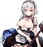  1girl anchor apron azur_lane bangs black_skirt breasts broom bucket cleavage commentary_request eyebrows_visible_through_hair hair_between_eyes hairband kasuka_(kusuki) large_breasts looking_at_viewer maid_apron parted_lips puffy_short_sleeves puffy_sleeves red_eyes shirt short_hair short_sleeves sidelocks silver_hair simple_background sirius_(azur_lane) sitting skirt solo sweat waist_apron white_apron white_background white_hairband white_shirt 