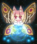  1girl animal_ear_fluff animal_ears animalization bangs blonde_hair blush bug butterfly earth eyebrows_visible_through_hair fox_ears giantess godzilla_(series) hair_between_eyes highres insect kemomimi-chan_(naga_u) long_hair looking_at_viewer mothra naga_u original red_eyes sidelocks solo space sparkle v-shaped_eyebrows 