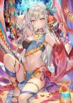  1girl anklet arm_strap arm_up armpits bandeau bare_shoulders barefoot blurry breasts choker cleavage depth_of_field flower food fruit hair_ornament highres hurricane_glass jewelry knee_up lemon lemon_slice long_hair looking_at_viewer medium_breasts midriff momoko_(momopoco) multicolored multicolored_nails navel necklace one_side_up orange_eyes original parted_lips pelvic_curtain petals revealing_clothes rose shawl sidelocks silver_hair sitting solo thighs toenail_polish tropical_drink 