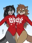  2019 anthro arm_around_back black_hair breasts brown_body brown_eyes brown_fur brown_hair camp_pines canid canine canis christmas clothing duo female fur green_eyes grey_body grey_fur hair heresy_(artist) holidays leotard lol_comments long_hair looking_at_viewer luna_(domovoi_lazaroth) mammal matching_outfits meme multicolored_body multicolored_fur open_mouth scar seff_(character) simple_background snowflake sweater tan_body tan_fur teeth tongue topwear two_tone_body two_tone_fur wolf 