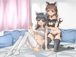  2girls absurdres animal_ears arm_support bangs bell bell_collar black_hair black_legwear blunt_bangs blush braid breasts brown_hair cat_cutout cat_ears cat_lingerie closed_mouth collar collarbone curtains eyebrows_visible_through_hair groin hair_ribbon hands_on_shoulders highres kantai_collection kitakami_(kantai_collection) long_hair looking_at_viewer maonatten meme_attire multiple_girls navel ooi_(kantai_collection) open_mouth panties pillow ribbon side-tie_panties sidelocks sitting smile thighhighs tress_ribbon underwear white_legwear 