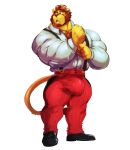  2019 absurd_res anthro balls_outline big_muscles body_hair bottomwear brown_hair bulge chest_hair clothing cursedmarked dress_shirt felid footwear fur green_eyes hair hi_res huge_bulge huge_muscles lion male mammal muscular muscular_male pantherine pants penis_outline shirt shoes simple_background solo standing suspenders tight_clothing topwear white_background yellow_body yellow_fur 