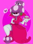  2015 black_sclera broach chalice clothing crown cup dress ear_piercing ear_ring eyelashes footwear garter_straps hand_on_chest high_collar high_heels holding_object humanoid legwear mario_and_luigi_(series) mario_bros nintendo piercing pink_background princess_shroob raised_leg red_eyes shoes shroob simple_background smile thigh_highs tiara two_figers video_games 