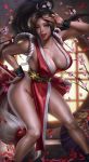  1girl absurdres arm_guards bare_shoulders breasts brown_eyes brown_hair cherry_blossoms chinese_clothes cleavage fatal_fury highres lantern large_breasts lips logan_cure ninja no_panties pelvic_curtain petals pinup ponytail shiranui_mai solo sweat the_king_of_fighters thick_thighs thighs umbrella wide_hips 
