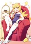  1girl animal_ears bakemonogatari bandages bandaid bandaid_on_knee bear_ears blonde_hair blush bracelet breasts collar fake_animal_ears fang gesugesu_ahoaho jewelry long_hair monogatari_(series) oshino_shinobu recliner rubber_duck school_swimsuit shoes small_breasts smile star strap_slip stuffed_animal stuffed_toy swimsuit teddy_bear thighhighs white_legwear yellow_eyes 