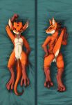  2019 anthro anus butt citrus_(character) claws dakimakura_design female flamespitter kobold looking_at_viewer looking_back lying nude on_back paws presenting presenting_hindquarters pussy scalie solo 
