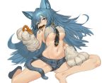  1girl absurdres animal_ears bare_shoulders bell between_breasts bikini_top black_neckwear blue_eyes blue_hair breasts cat_ears cat_girl cat_tail denim denim_shorts doughnut food gloves grey_bikini_top groin highres holding holding_food jingle_bell large_breasts long_hair looking_at_viewer micro_shorts mouth_hold navel necktie original paw_gloves paws romana shorts simple_background sitting socks solo stomach tail thighs underboob very_long_hair white_background 