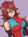  1girl android_21 blue_eyes breasts checkered checkered_dress closed_mouth dragon_ball dragon_ball_fighterz dress earrings glasses hoop_earrings jewelry kemachiku large_breasts long_hair looking_at_viewer purple_background red_hair simple_background solo 