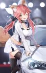  1girl ;d animal_ear_fluff animal_ears arm_support bangs black_legwear black_ribbon blush bow breasts brown_eyes car cleavage commentary_request crop_top eyebrows_visible_through_hair fate/extra fate_(series) fox_ears fox_girl fox_tail gedou_(shigure_seishin) ground_vehicle hair_between_eyes hair_bow hair_ribbon heart highres jacket large_breasts long_hair low_twintails motor_vehicle navel one_eye_closed open_clothes open_jacket open_mouth pink_hair ribbon skirt smile solo standing standing_on_one_leg tail tamamo_(fate)_(all) tamamo_no_mae_(fate) thighhighs toyota_86 twintails very_long_hair white_bow white_jacket white_skirt 
