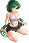 1girl artist_name bangs bare_arms bare_legs bare_shoulders barefoot black_skirt breasts catslikestodraw cleavage collarbone commentary cosplay crop_top eyebrows_visible_through_hair final_fantasy final_fantasy_vii fire_emblem fire_emblem:_the_blazing_blade green_eyes green_hair hand_up highres long_hair long_ponytail looking_at_viewer lyn_(fire_emblem) medium_breasts midriff miniskirt navel pencil_skirt ponytail seiza signature simple_background sitting skirt smile solo stomach suspender_skirt suspenders tank_top thighs tifa_lockhart tifa_lockhart_(cosplay) very_long_hair white_background white_tank_top 