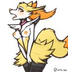  2019 anthro blush braixen breasts canid canine collar digital_media_(artwork) evilymasterful female inner_ear_fluff mammal multicolored_tail nintendo nipples nude open_mouth pok&eacute;mon pok&eacute;mon_(species) simple_background solo tuft video_games white_background 