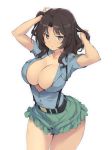  1girl :&lt; arms_up bangs belt black_hair blue_eyes blue_shirt blush breasts cleavage closed_mouth commentary_request cowboy_shot el_(girls_und_panzer) eyebrows_visible_through_hair girls_und_panzer green_shorts hands_in_hair highres large_breasts long_hair looking_at_viewer no_bra open_clothes open_shirt parted_bangs sakana shirt short_shorts short_sleeves shorts simple_background sketch solo suspender_shorts suspenders v-shaped_eyebrows white_background 
