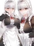  1girl apron bangs blush breasts bridal_gauntlets earrings frills hands_on_own_face highres jewelry kfr large_breasts long_hair looking_at_viewer maid maid_headdress multiple_views original silver_hair waist_apron white_background yellow_eyes 