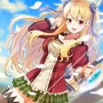  1girl alisa_reinford blonde_hair blurry bow bow_(weapon) breasts brown_legwear cloud cloudy_sky coat cowboy_shot day depth_of_field dutch_angle eiyuu_densetsu eyebrows_visible_through_hair feathers hair_feathers hair_ribbon hand_in_hair long_hair long_sleeves medium_breasts miniskirt official_art open_mouth outdoors petals plaid plaid_skirt pleated_skirt red_eyes retsuna ribbed_sweater ribbon sen_no_kiseki sidelocks skirt sky smile solo sweater thighhighs thighs turtleneck twintails uniform weapon wind zettai_ryouiki 