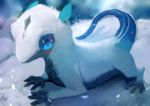  blue_eyes commentary_request creature highres lizard looking_at_viewer manino_(mofuritaionaka) no_humans original signature snow snowing solo 