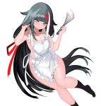  1girl apron azur_lane bangs bare_arms bare_shoulders black_hair black_legwear blue_eyes blunt_bangs blush breasts cleavage closed_mouth collarbone commentary_request deutschland_(azur_lane) holding_whisk ioa2324 long_hair looking_at_viewer medium_breasts multicolored_hair naked_apron nose_blush sidelocks simple_background socks solo streaked_hair thighs very_long_hair whisk white_apron white_background 