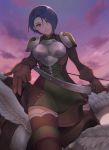  1girl alternate_costume armor blue_hair boots bow_(weapon) cloud cloudy_sky dress feathered_wings feathers fire_emblem fire_emblem:_three_houses gloves hair_over_one_eye highres namerow_chang purple_eyes shamir_nevrand sky solo thighhighs weapon wings 
