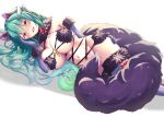  1girl animal_ears aqua_hair bangs bare_shoulders blush bow breasts cleavage dangerous_beast dragon_girl dragon_horns elbow_gloves fate/grand_order fate_(series) fur-trimmed_gloves fur-trimmed_legwear fur_collar fur_trim gloves halloween_costume horns kiyohime_(fate/grand_order) large_breasts long_hair looking_at_viewer lying navel o-ring on_side open_mouth pink_bow purple_gloves purple_legwear revealing_clothes simple_background smile solo tail tetranono thighs white_background wolf_ears wolf_tail yellow_eyes 