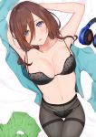  1girl absurdres armpits arms_up bare_shoulders bed_sheet black_bra black_legwear black_panties blue_jacket blush bra breasts brown_hair cleavage collarbone commentary_request go-toubun_no_hanayome green_skirt gusset hair_between_eyes hair_over_one_eye headphones headphones_removed highres jacket jacket_removed large_breasts long_hair looking_at_viewer lying nakano_miku navel on_back panties panties_under_pantyhose pantyhose parted_lips polka_dot polka_dot_bra polka_dot_panties purple_eyes simple_background skirt skirt_removed solo thigh_gap thighband_pantyhose uiri-na underwear white_background 