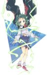  1girl aqua_eyes bare_legs blouse blue_eyes cape electricity green_hair highres imperishable_night light_particles lightning_bolt looking_at_viewer open_mouth pants shirt shoes solo suichuu_hanabi touhou triangle white_blouse white_shirt wriggle_nightbug 