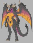  1girl absurdres alternate_hair_color black_hair black_sclera black_skin breasts claws digitigrade dragon_girl dragon_horns dragon_tail dragon_wings exaxuxer full_body grey_background highres horns large_breasts long_hair monster_girl monster_hunter monster_hunter:_world multicolored multicolored_skin nergigante orange_skin pink_skin pubic_hair scales sharp_teeth solo spiked_tail spiked_wings spikes standing tail talons teeth tusks wings yellow_eyes 