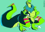  2018 absurd_res anthro balls big_balls big_tail claws clothing digital_media_(artwork) dinosaur foreskin girly glamoursaur green_body hi_res looking_at_viewer male mostly_nude nude penis reptile scalie scarf simple_background solo theglamoursaur thick_thighs toe_claws uncut vein wide_hips 