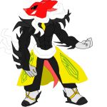  armor black_armor boots clothing digital_media_(artwork) footwear gloves gray_gloves green_eyes hair handwear hyaenid male mammal muscular pixel_(artwork) red_body red_hair red_skin white_scarf yellow_clothing 