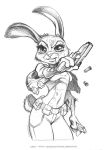  2016 anthro bad_trigger_discipline belt bottomwear cheek_tuft clothed clothing disney facial_tuft fully_clothed fur grin gun handgun head_tuft holding_gun holding_object holding_weapon judy_hopps karafactory lagomorph leporid magazine_(gun) mammal midriff navel pants pistol portrait rabbit ranged_weapon simple_background sketch smile solo three-quarter_portrait tuft weapon white_background zootopia 