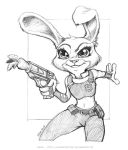  2016 anthro bad_trigger_discipline carrot cheek_tuft clothed clothing disney facial_tuft fluffy food fully_clothed fur head_tuft holding_gun holding_object holding_weapon judy_hopps karafactory lagomorph leporid mammal monochrome plant police_uniform portrait rabbit simple_background sketch smile solo three-quarter_portrait tuft uniform vegetable weapon white_background zootopia 