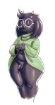  2019 3_fingers anthro balls black_body black_fur bovid caprine clothing_lift dark_fur deltarune eyewear fingers flaccid foreskin fur girly glasses goat horn male mammal navel penis phimosis ralsei simple_background slightly_chubby small_penis solo sqoon thick_thighs uncut video_games white_background wide_hips 