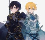  2boys armor black_armor black_cape black_eyes black_hair blonde_hair blue_armor blue_cape blue_flower blue_rose blue_rose_sword cape closed_mouth commentary_request dual_wielding eugeboy_zzzzz eugeo eyebrows_visible_through_hair flower green_eyes hair_between_eyes highres holding holding_sword holding_weapon kirito knight looking_at_viewer male_focus multiple_boys rose sheath sheathed short_hair simple_background sword sword_art_online sword_art_online_alicization weapon 