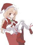  1girl boots braid brown_hair christmas eyebrows_visible_through_hair hat hibimegane highres long_hair looking_at_viewer pantyhose pink_eyes red_footwear red_headwear santa_boots santa_costume santa_hat solo twin_braids very_long_hair white_legwear 