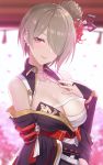  1girl bare_shoulders breasts breasts_outside cleavage collar collarbone earrings flower fukuro_ko_(greentea) hair_bun hair_flower hair_ornament hair_over_one_eye hand_on_own_chest highres honkai_(series) honkai_impact_3rd horns japanese_clothes jewelry kimono large_breasts looking_at_viewer mole mole_under_eye off_shoulder parted_lips petals purple_eyes red_flower rita_rossweisse sarashi seductive_smile short_hair smile solo upper_body white_collar 