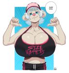  2019 anthro areola badger big_breasts boosterpang breasts cleavage clothed clothing dialogue english_text female gesture hat headgear headwear huge_breasts jamie_(boosterpang) mammal mustelid musteline pointing solo text 