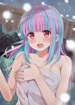  1girl bang_dream! bangs bare_arms bare_shoulders blue_hair blunt_bangs blush breasts cleavage collarbone commentary_request covering damu_(7spoil) eyebrows_visible_through_hair hair_down highres long_hair looking_at_viewer multicolored_hair naked_towel nude_cover onsen open_mouth outdoors pareo_(bang_dream!) pink_hair red_eyes sidelocks small_breasts snow solo sweatdrop tareme towel two-tone_hair upper_body 