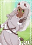 clothed clothing dress green_eyes hair horn humanoid looking_at_viewer nintendo open_mouth peace_sign_(disambiguation) pok&eacute;mon pok&eacute;mon_(species) pok&eacute;morph smile solo standing takoto video_games white_hair wooloo 