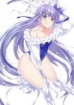  1girl absurdres blue_bow blue_ribbon blue_swimsuit bow breasts fate/grand_order fate_(series) highleg highleg_swimsuit highres long_hair meltryllis meltryllis_(swimsuit_lancer)_(fate) off-shoulder_swimsuit oyukikeiho purple_hair ribbon small_breasts strapless strapless_swimsuit swimsuit 