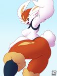  breasts buckteeth butt_pose cinderace featureless_breasts female fur hair hi_res lagomorph leporid lionalliance looking_at_viewer looking_back mammal multicolored_body multicolored_fur nintendo open_mouth orange_body orange_fur orange_hair pok&eacute;mon pok&eacute;mon_(species) pose rabbit solo teeth thick_thighs video_games white_body white_fur 