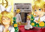  aku_no_musume_(vocaloid) allen_avadonia blonde_hair blue_eyes bow brother_and_sister candelabra candle carpet dress evillious_nendaiki finger_to_mouth fireplace flower gears grin hair_bow highres kagamine_len kagamine_rin kneeling momiji0316 pointing pointing_up riliane_lucifen_d&#039;autriche rose rug shirt short_hair short_ponytail shorts shushing siblings smile sneaking trap_door twins twiright_prank_(vocaloid) vocaloid white_dress yellow_flower yellow_rose 