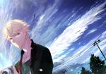 1boy blonde_hair blue_sky camera cloud highres holding holding_camera jacket kujo_souma lens_flare looking_at_viewer male_focus marorincho outdoors power_lines purple_eyes sky solo stand_my_heroes tree upper_body 