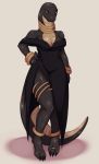  5-ishart absurd_res anthro breasts claws cleavage clothed clothing dress elapid_(snake) fangs female hi_res ida jewelry looking_at_viewer mamba orange_eyes reptile scales scalie simple_background snake solo standing tongue tongue_out 