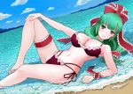  1girl alternate_hairstyle arm_support beach bikini blue_sky breasts cleavage cloud commentary_request cowboy_shot day dutch_angle fish_skeleton frilled_bikini frilled_garter frilled_ribbon frills green_eyes green_hair hair_ribbon hand_on_own_knee in_water kagiyama_hina knee_up large_breasts legs looking_at_viewer mountainous_horizon navel red_bikini ribbon sai-go sand side-tie_bikini sky smile solo swimsuit touhou waves 