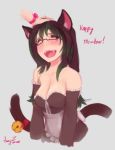  2018 animal_humanoid apron bell blush breasts cat_humanoid clothing disembodied_hand duo eyes_closed eyewear felid felid_humanoid feline feline_humanoid female glasses green_hair grey_background hair headpat humanoid jazzyz401 maid_uniform mammal mammal_humanoid open_mouth simple_background smile tharkis uniform 