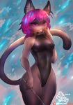  2019 anthro breasts camel_toe clothing collar cute_fangs domestic_cat felid feline felis female girlsay hair hand_on_collar inner_ear_fluff leotard mammal nipple_outline pink_eyes pink_hair riding_crop rubber simple_background smile solo tight_clothing tuft ultrabondagefairy_(character) whip 