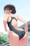  1girl ass back bangs bare_legs black_hair blush breasts brown_eyes hair_bun jonsun looking_at_viewer one-piece_swimsuit original small_breasts solo swimsuit wet 
