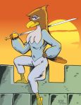 2012 animalympics anthro avian bird castle clothed clothing contessa_(animalympics) falcon falconid female fully_clothed half-closed_eyes holding_object holding_weapon looking_at_viewer machine melee_weapon narrowed_eyes slickpuppy solo sunset sword turret weapon 